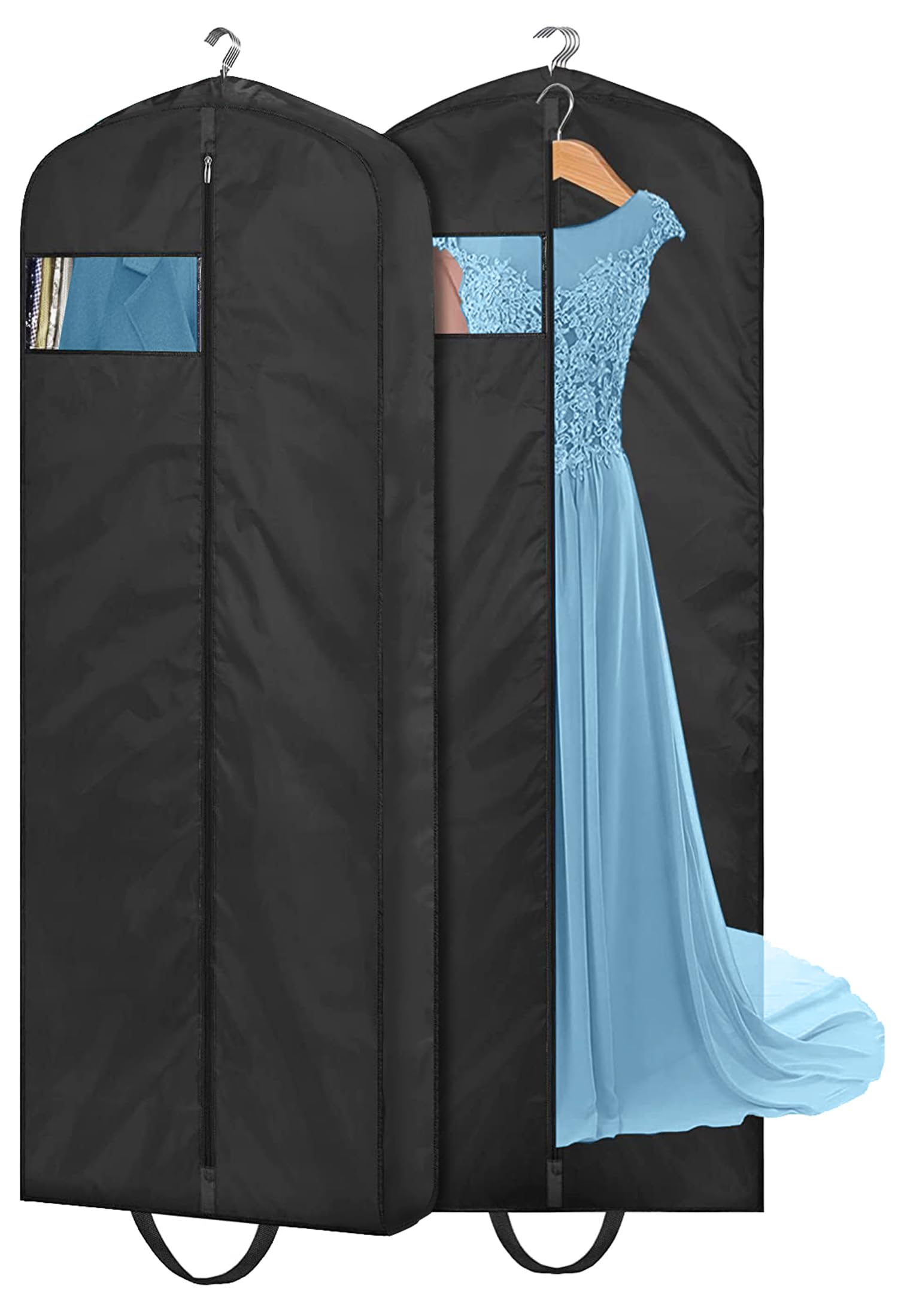 MISSLO 65" Long Garment Bags for Travel Dress Bag Covers Waterproof Wedding Dress Carrier for Women Hanging Clothing Bags Protectors for Storage Coats, Clothes, Suits, Black, 2 Packs