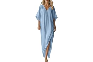 Frostluinai Womens Plus Size Cotton Linen Dresses V Neck Short Sleeve Dresses Loose Side Slit Long Flowy Maxi Sundress