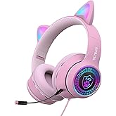 Cat Ear Gaming Headphones Wired AUX 3.5mm with LED Light, VIGROS Flashing Stereo Game Headphones Surround Sound Over-Ear Headsets with Microphone Fit Kids &amp; Adult for PC, PS4, Switch, Mobile, Laptop