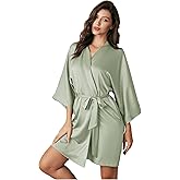 AW BRIDAL Silk Robes for Women, Short Bridesmaid Robes for Bridal Wedding Party, Bride Satin Bathrobe with Long Sleeve