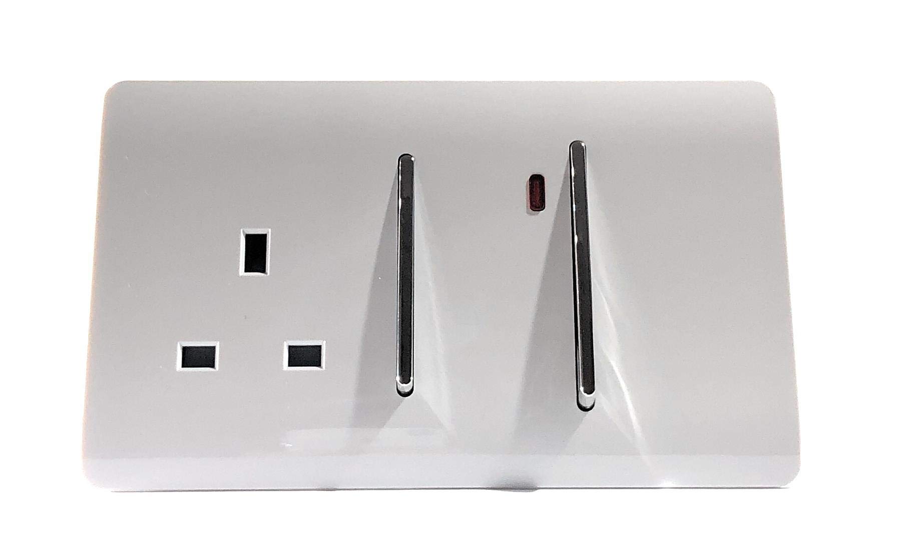 Trendi Switch Screwless Artistic Modern Decorative Glossy 45 A Cooker Switch Control Unit & Single Plug Socket Inc Neon Indicator for Indoor Use in Ice White - ART-WHS213WH