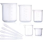 Plastic Beaker Set,5 Size Low Form Graduated Griffin Polypropylene Beakers | 500 ml, 250 ml, 100 ml, 50 ml, 25 ml for Laboratory, &amp; Science Experiments with 5 Plastic Droppers in 3 ml