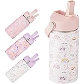 Kids Water Bottle with Straw 12 oz - Insulated Stainless Steel Sports Bottle, Leakproof Wide Mouth Thermal Cup with Straw & Handle Lids for School Travel Outdoor Activities