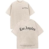Bobeutou Oversized Graphic Tshirts for Men Los Angeles Vintage Tees Streetwear Acid Wash Baggy Cool Shirts Casual Tops
