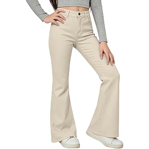 Girls Jeans Casual High Waist Flare Denim Pants Fashion Stretch Cute Streetwear Flare Jeans for Girls with Pockets