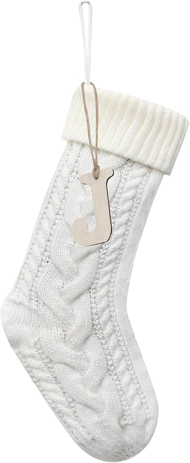 Stockings & Holders - Sxmder 19 Inches Personalized White Cable Knitted Christmas Stockings, Large Knitted Christmas Stockings with Wooden Letter Tag for Holiday Christmas Party Family Decor (Letter J)