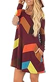 MIROL Women's Spring Chevron Striped Tunic Color Block Long Sleeves Casual Swing T-Shirt Dress With Pockets