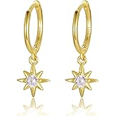 Dainty Hoop Dangle Earrings for Women, Small Hoop Earring with Charm - Moon Star, Spike, Evil Eye, Sterling Silver Huggie Drop Earrings for Her