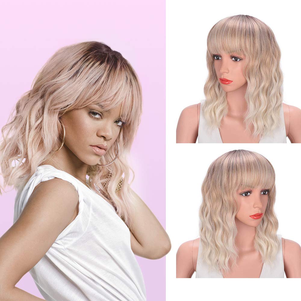 AISI HAIR Wavy Curly Bob Wig with Bangs Brown to Blonde Short Wig 3 Tone Ombre Wig Natural wavy Heat Resistant Synthetic Hair (Brown Blonde White)