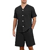 U2SKIIN Men's 100% Cotton Pajama Set Soft Breathable V Neck Button Down Short Sleeve Short with Pocket for Home Lounge Relax