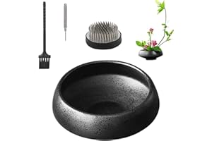 WANDIC Flower Arranging Supplies, Set of 2, Round Flower Frog & Ceramic Ikebana vases for Ikebana Floral Arrangement Art Home Decoration, Bowl Shape Black Spotted