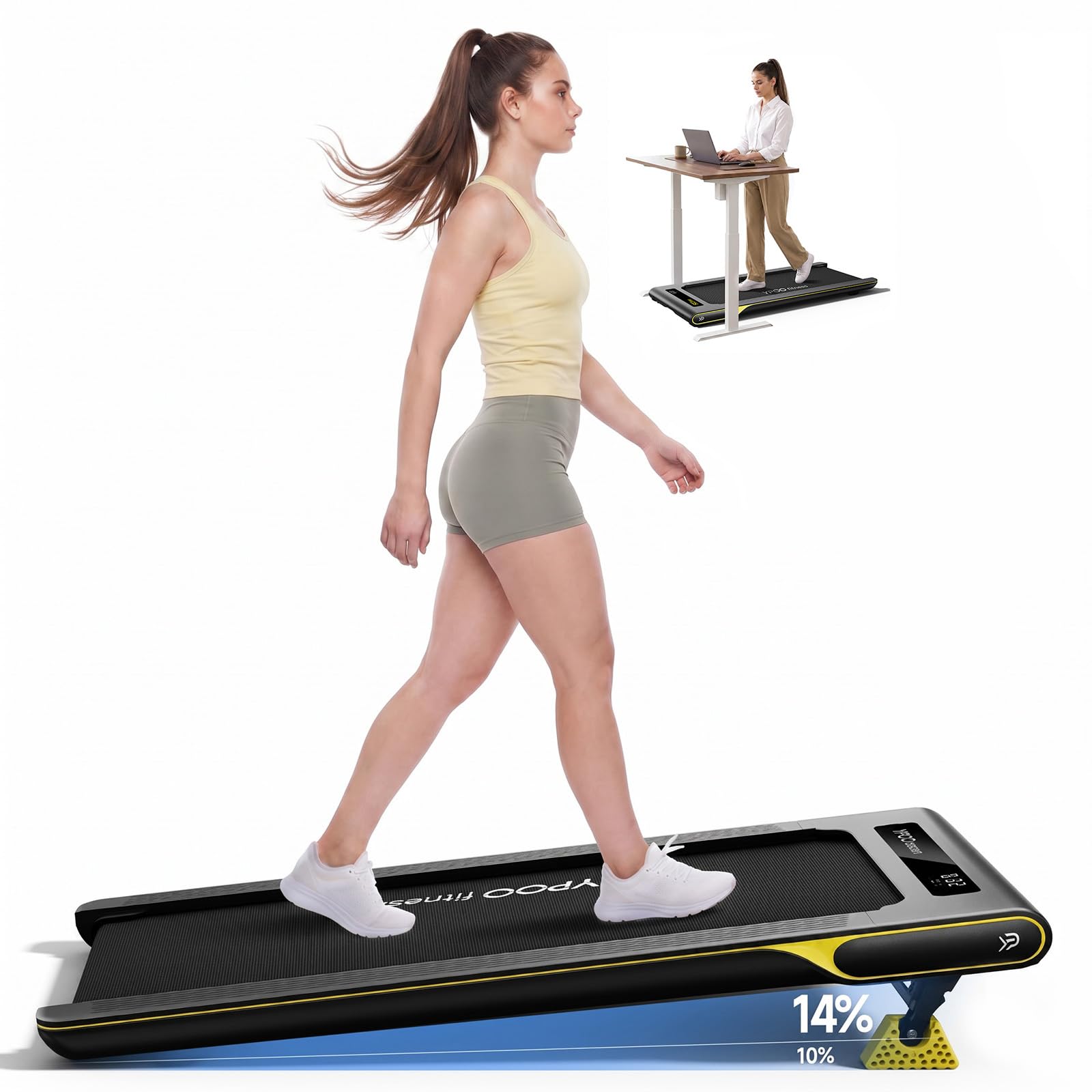 YPOO Walking Pad with 14% Incline Under Desk Treadmill for Home & Office