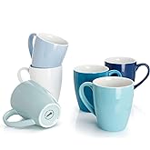 Sweese Porcelain Coffee Mugs - 16 Ounce - Set of 6, Cups for Latte, Hot Tea, Cappuccino, Mocha, Cocoa, Multicolor, Blue Assorted Colors