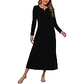 Marvmys Womens Cotton Long Sleeve Nightgowns Soft Ladies Sleep Shirts V Neck Full Length Night Shirts Sleepwear with Pockets