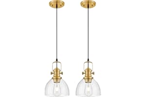 Audickic Pendant Lights Kitchen Island 2 Pack, 7.5" Farmhouse Pendant Lighting with Clear Seeded Glass Shade, Vintage Hanging Light Fixtures for Dining Room, Brushed Gold, AD-22151-1P2-GD