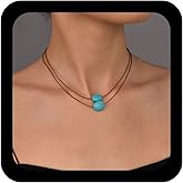 Ximdble Vintage Layered Brown Suede Leather Choker Necklace Turquoise Pendant Necklace Oval Turquoise Choker Necklace Brown Crod Chain Necklace Jewelry for Women