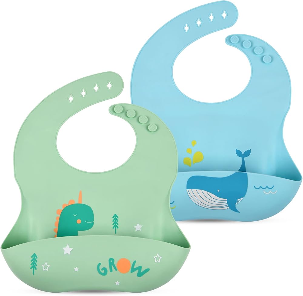 Vicloon Silicone Baby Bibs 2 Pack Crumb Tray BPA Free Waterproof Blue Green