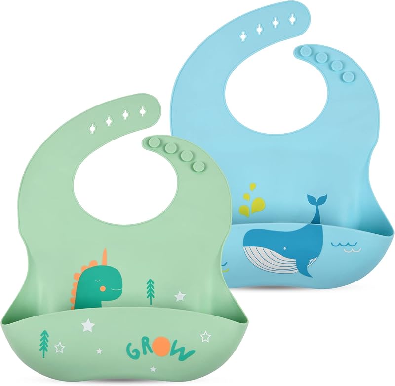 Vicloon Silicone Baby Bibs 2 Pack Crumb Tray BPA Free Waterproof Blue Green