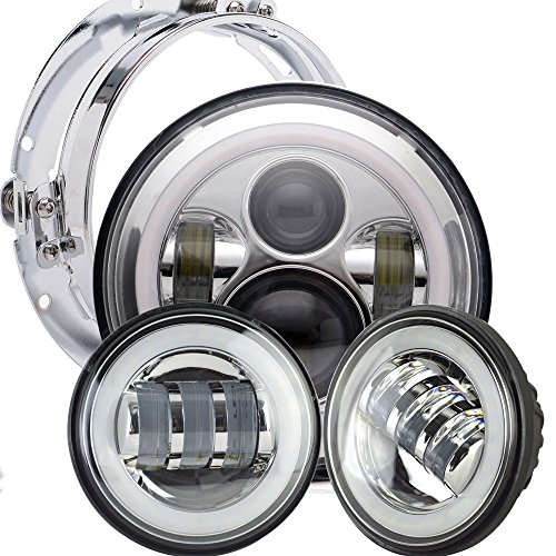 TURBOSII HARLEY3PACK-60wWH 7In Round Led Headlight, Chrome W/Halo Passing Lamp, Fog Lights Mounting Bracket, 60W