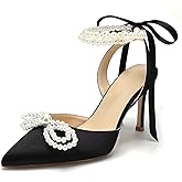 Jotwry Pearl Heels Wedding Shoes for Bride Bow Wedding Heels Bridal Shoes