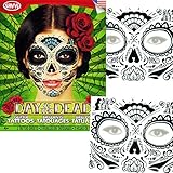 Sugar Skull Temporary Tattoos Costume Kit (Set of 2 Day of the Dead Tattoos, Glitter Web Design)