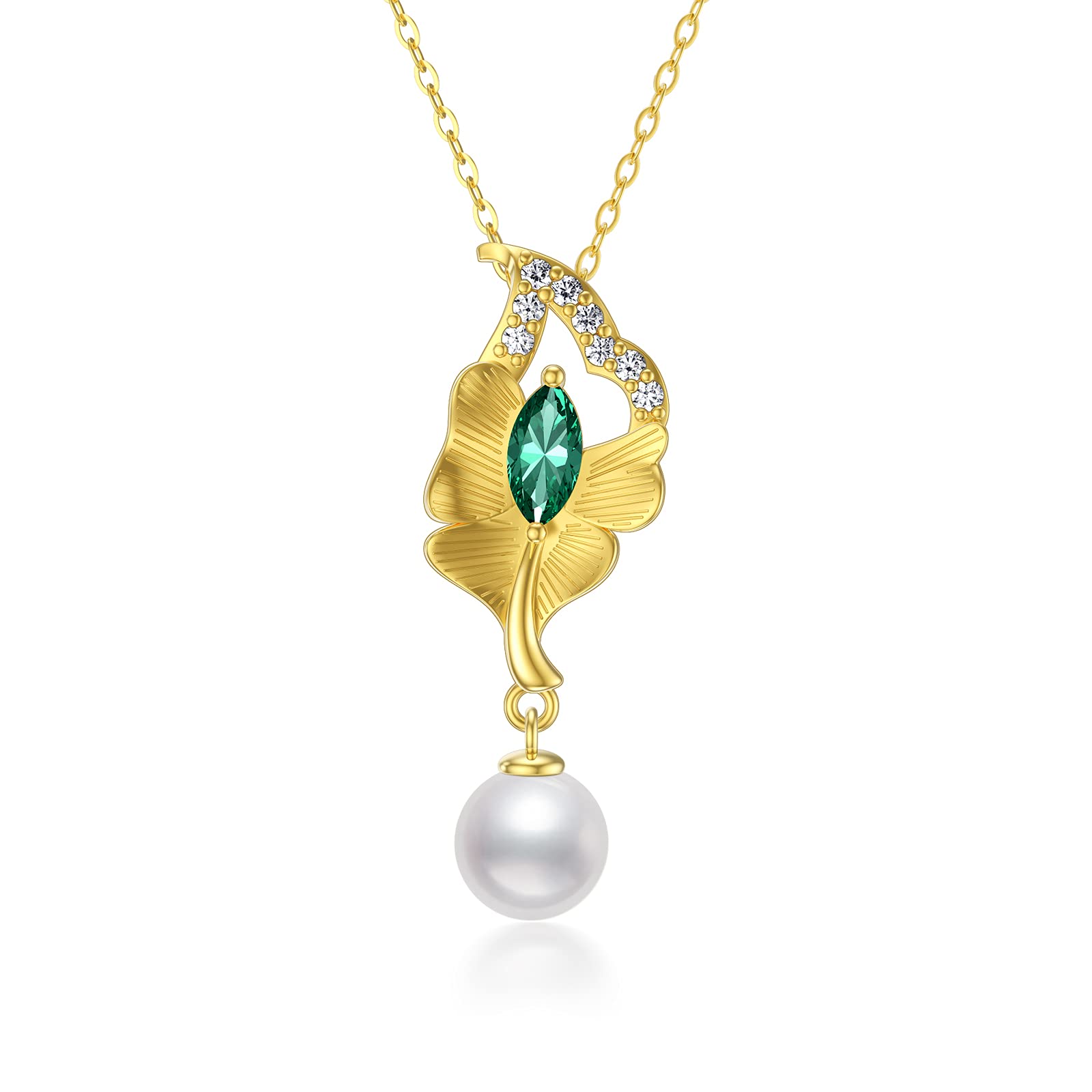 SISGEM 9 ct Gold Pearl Necklace, Solid Yellow Gold Emerald Leaf Pendant Necklace with 9mm Pearl, for Women Girls Ladies Mum Sisters, 16"+1"+1"