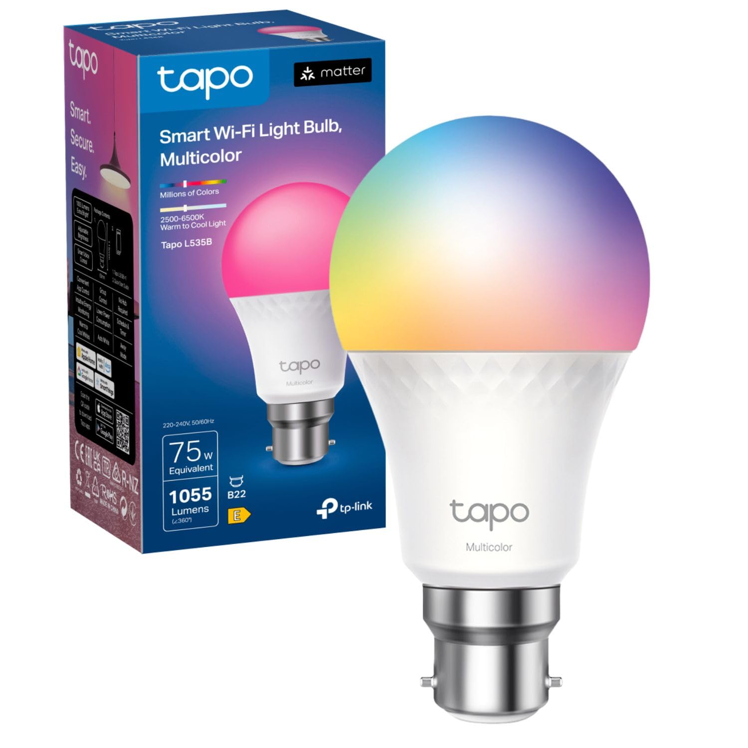 Tapo L535B Smart Bulb, B22 Colour Changing Light Bulb, Alexa Light Bulbs, LED Light Bulb,Energy Monitoring, 8.6W Smart Light Bulb, Dimmable, Voice Control with Apple HomeKit, Alexa and Google