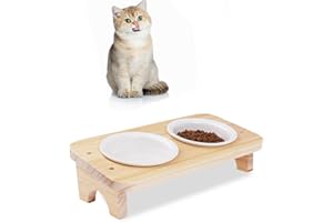 FUNACAY Elevated Cat Food and Water Bowl Set with Stand,15°Tilted Raised Pet Bowlfor Kittens/Puppy with 2 Ceremic Dishes, Indoor Cat Food Bowl，Anti-Vomit & Whisker Fatigue Relief, Dishwasher Safe(2 Bowl)