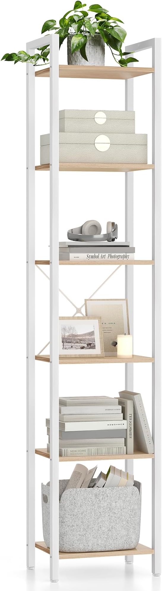 VASAGLE 6-Tier Bookshelf 30 x 40 x 187.5 cm Natural Beige White LLS101N01