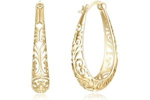 NEWZENRO Vintage Filigree 925 Sterling Silver Oval Small Hoop Earrings for Women Fashion Boho Hollow-out Texture Flower Dainty Teardrop Huggie Hoops Hypoallergenic Click Top Pierced Trendy Jewelry Christmas Gifts Birthday