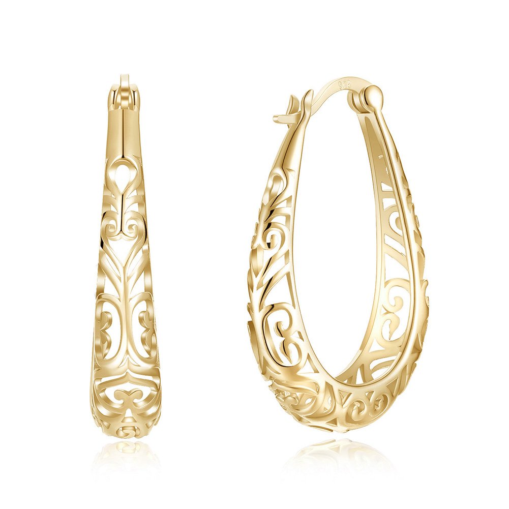 Vintage Filigree 925 Sterling Silver Small Hoop Earrings for Women Girls Fashion Oval Hollow-out Texture Flower Dainty Huggie Hoops Hypoallergenic Pierced Jewelry Gifts (14K Yellow Gold Plated)