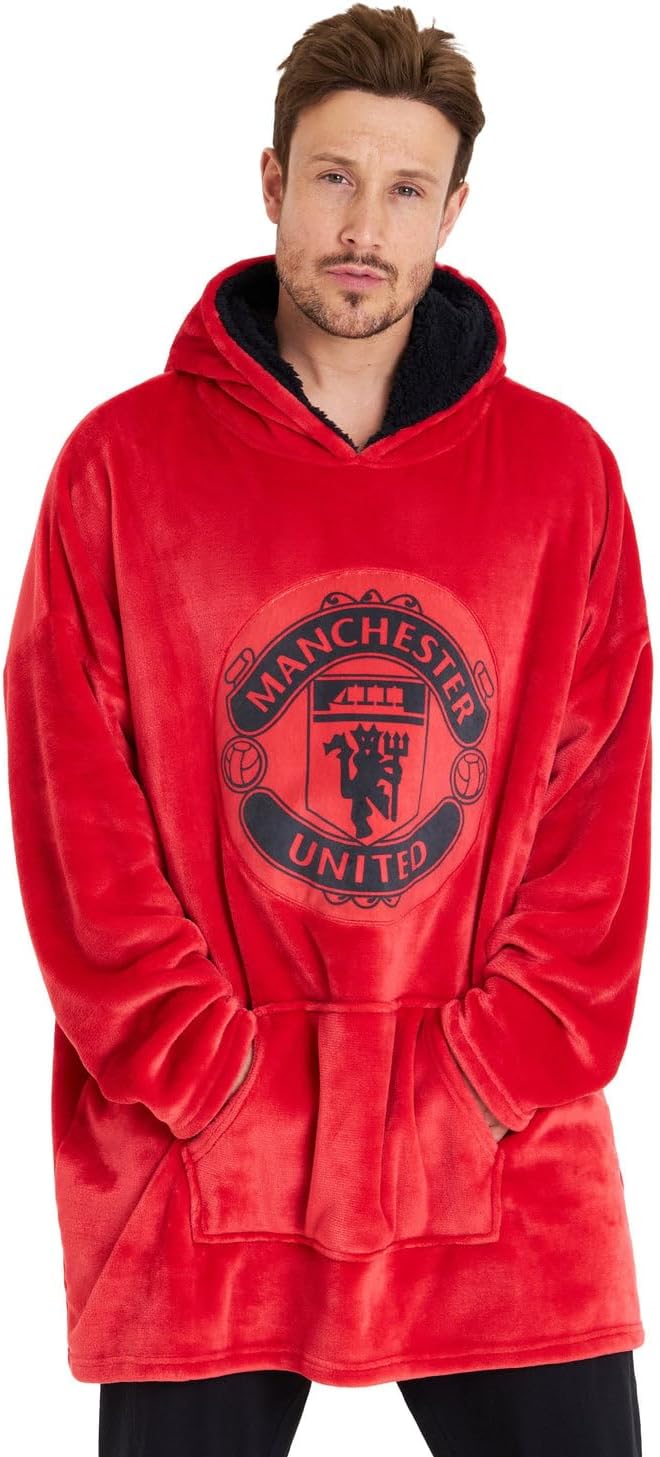 Manchester United Oversized Hoodie Blanket for Men Red Black Crest Print