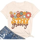 Retro Stay Groovy Shirt Women Floral Graphic Tee Hippie Vintage 70s Disco Peace Casual Short Sleeve Top