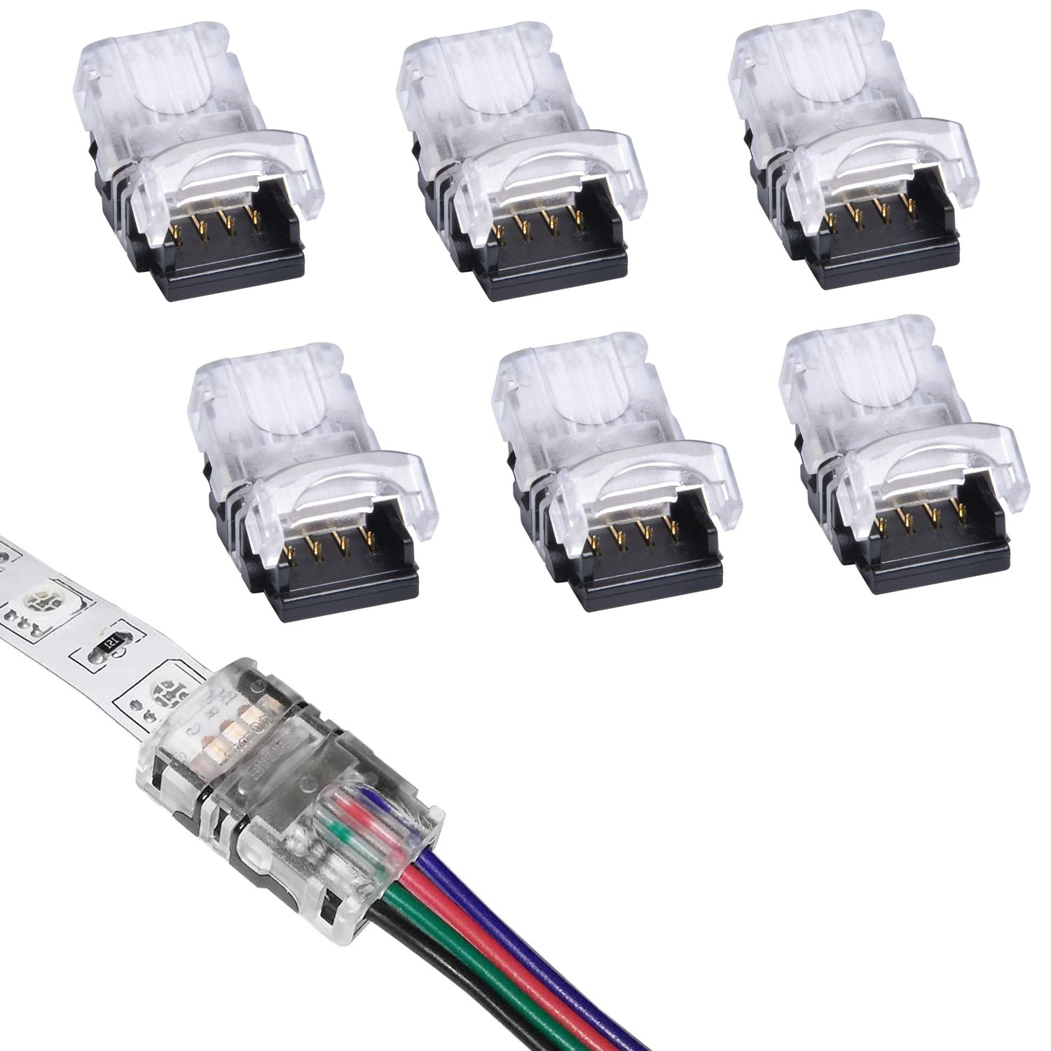KAITOK 6pcs 4 Pin 10mm LED Strip Connectors DIY Strip to Wire Connector Solderless Gapless Quick Connection Waterproof for5050 LED Strip Lights (4p Waterproof)