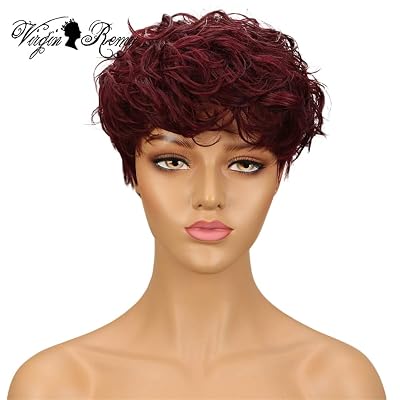 QUEEN VIRGIN REMY QVR 2 Tone Black to 99j Wine Wig Short Curly Pixie Wigs for Black Women Human Hair Natural Wave Bob Wigs with Bangs None Lace Wigs