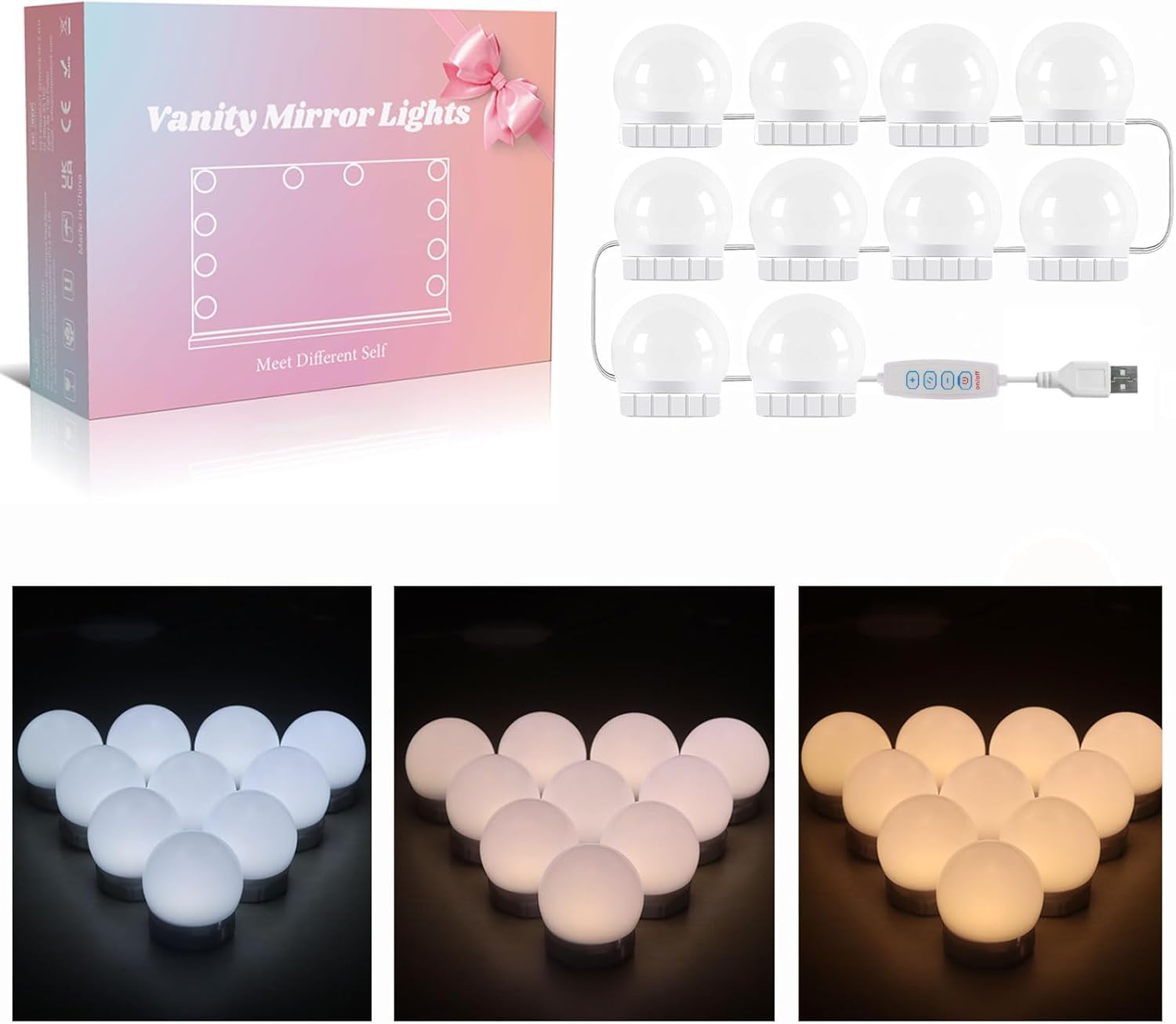 Akynite Vanity Lights Stick On with Adapter, Hollywood Mirror Lights with Adjustable Cable, 3 Colors & 10 Brightness, Dimmable LED Bulbs for Dressing Table (10 Bulbs)