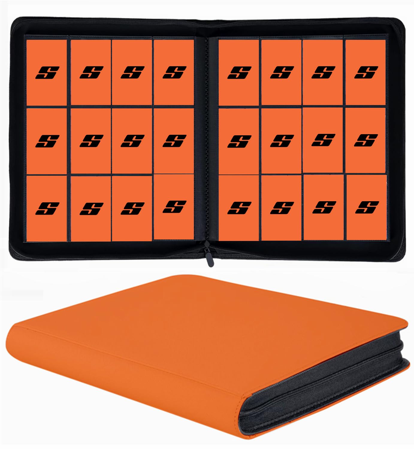 Photo 1 of 12 Pocket 720 Pockets Trading Card Binder, Ringless Side Loading Card Holder Album, Trading Card Album Fit for YuGiOh, MTG, TCG, Game Cards, Sports, Business Cards (Orange)