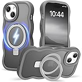 Amzfield for iPhone 13 Case for iPhone 14 Case, Compatible with Magsafe Invisible Magnetic Ring Stand Wavy Frame Cute Translucent Hard Back Silicone Bumper Shockproof Phone Case Women Girls, Grey