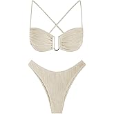 ZAFUL Women's Textured Underwire Bikini Set V Notch High Cut Swimwear Tie Side Ribbed Sexy Swimsuits