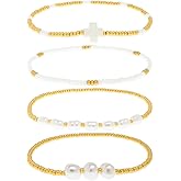 Tyebiva Gold Beaded Cross Stack Bracelets Set for Women, 4Pcs Trendy Boho Handmade White Small Beads Pearl Stackable Stretch Bracelet Outfit Accessories Jewelry Gift.