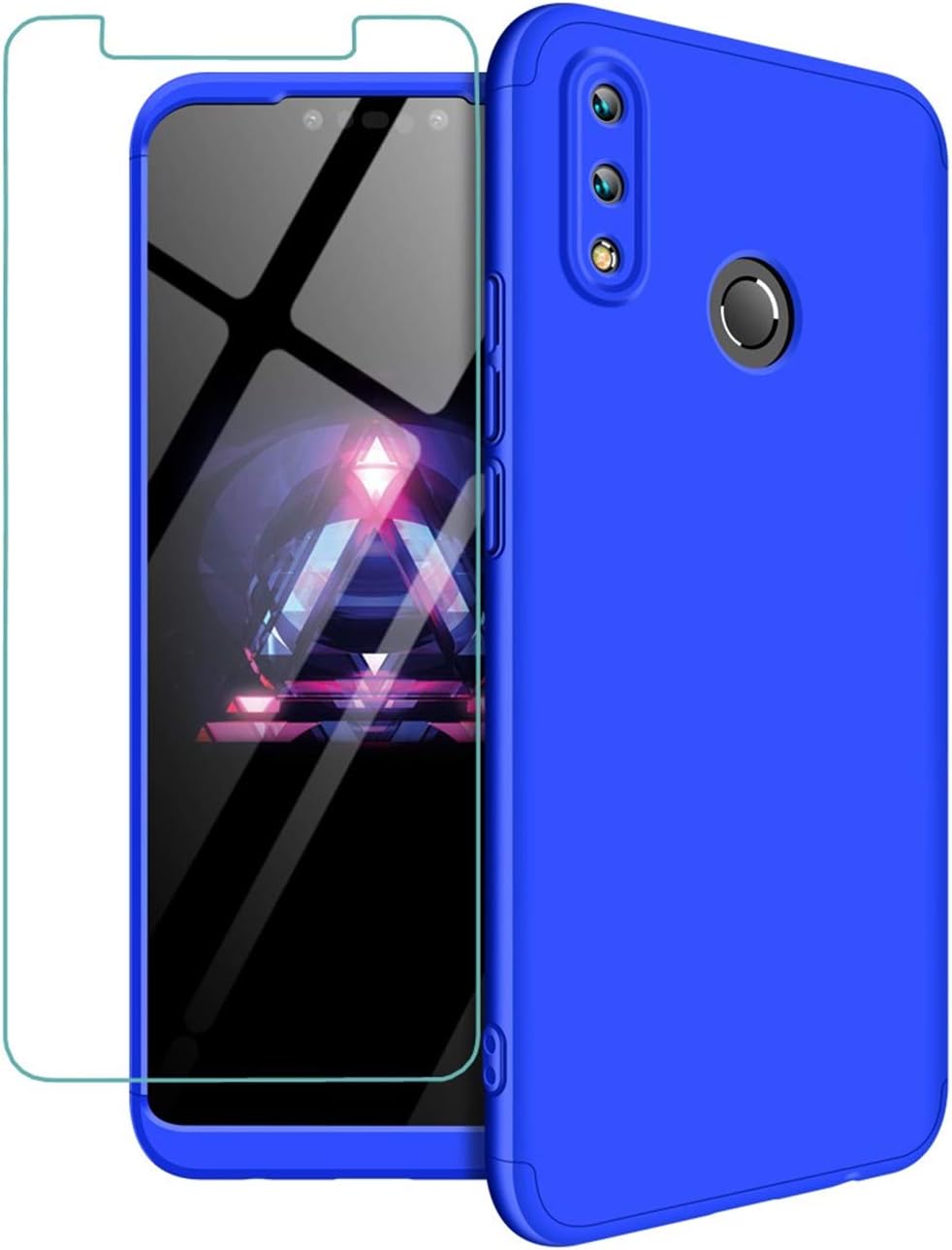 JOYTAG Compatible For Huawei Nova 3i/JOYTAG Compatible For Huawei P Smart Plus case 360 degrees Blue ultra thin Matte All-inclusive Protection 3 in 1 PC Phone case cover+Tempered glass film-Blue