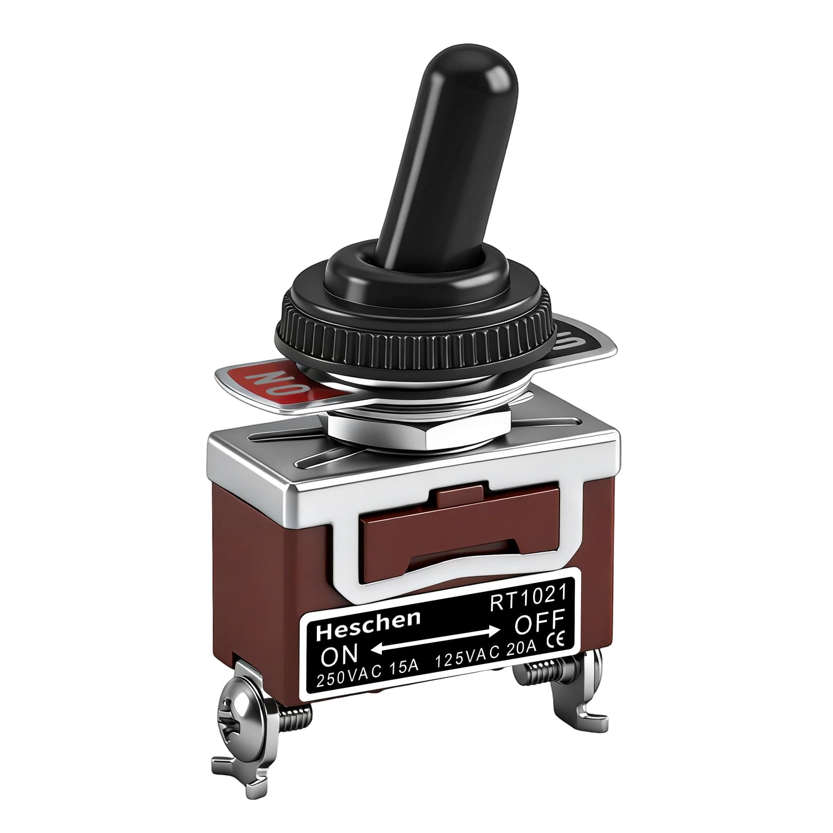 Heschen Metal Toggle Switch, RT1021, SPST, Maintained ON/OFF 2 position, 15A 250VAC, CE (RT1021-CAP)