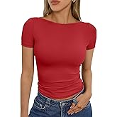 Trendy Queen Womens Boat Neck Short Sleeve T-Shirts Fitted Compression Summer Y2k Basic Tops 2026 Spring Outfits Clothes