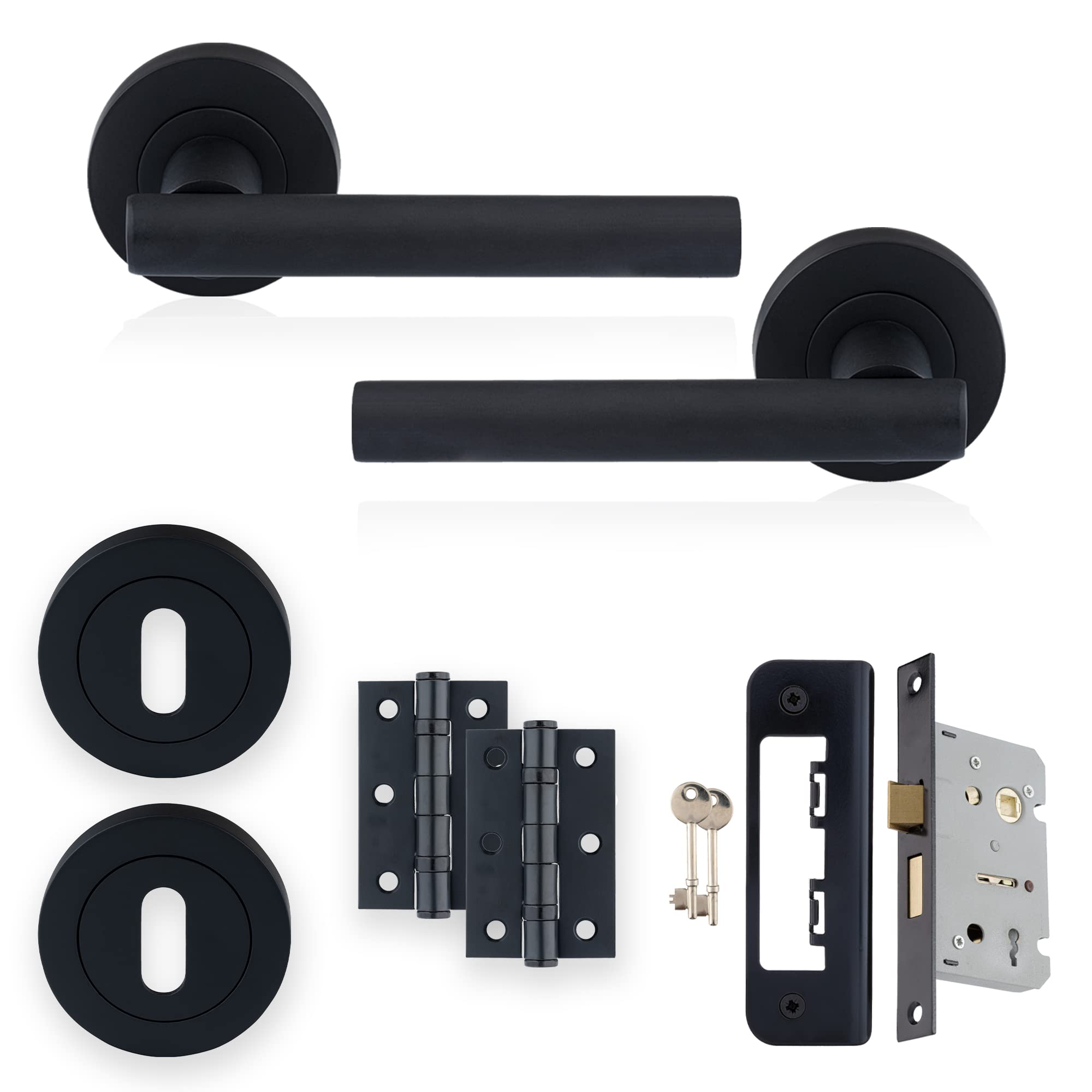 XFORT Matt Black Liberty Lever On Rose Lock Pack, Complete Set with T-Bar Door Handles, 65mm Sashlock, 75mm Ball Bearing Hinges and Escutcheons, for Wooden Doors Requiring Key Locking Security.