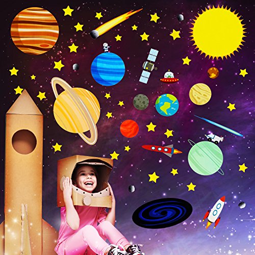 treepenguin Solar System Space Wall Decals for Kids Rooms - Large Planets and Stars Stickers for Bedroom Playroom and Nursery - Educational Wall Decor for Boys and Girls