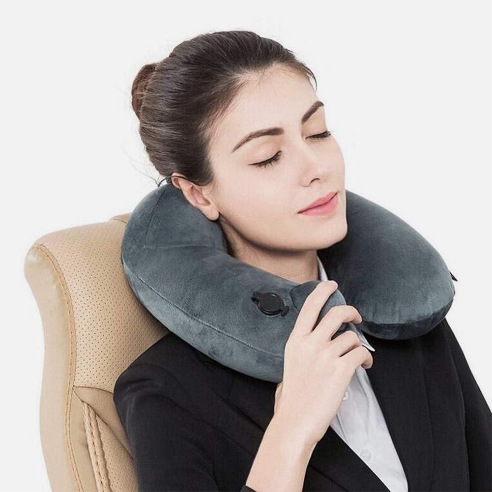 Air Travel Pillow Inflatable Neck Pillow - 2019 Newest Airplane Travel Pillow with Super Soft Velour Cover - Ergonomic Double Humps Head Chin Support Car Pillow Comfortable Space-efficient (Gray)