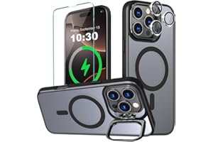 WATEFULL for iPhone 16 Pro Max MagSafe Stand Case Sturdy Metal Camera Stand Ring, Ultra Magnets Matte Slim Shockproof with 1 Screen 1 Camera Lens Protector for iPhone 16 Pro Max 6.9"(Black)