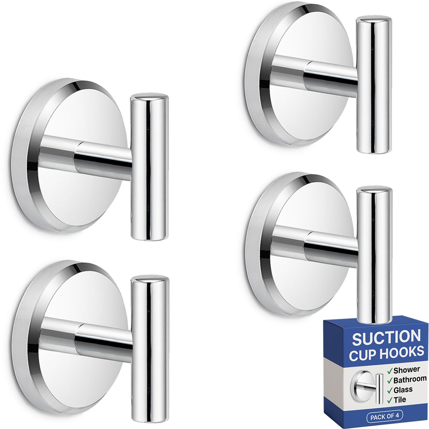 Photo 1 of HOME SO Suction Cup Hooks for Shower, Bathroom, Kitchen, Glass Door, Mirror, Tile – Loofah, Towel, Coat, Bath Robe Hook Holder for Hanging up to 15 lbs – Waterproof & Rustproof, Chrome (4-Pack)