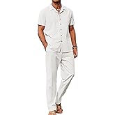 COOFANDY Men 2 Piece Linen Outfit Beach Button Down Shirt Casual Loose Pant Sets