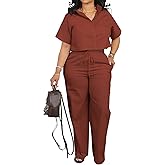 ThusFar Women Linen 2 Piece Outfits Short Sleeve Button Down Crop Top Drawstring Long Pants Suit Summer Work Lounge Set